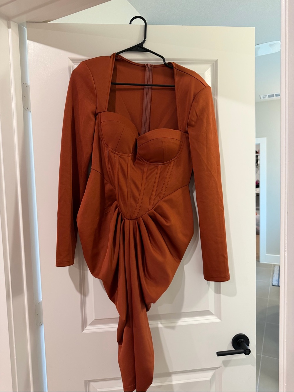 SHEIN Rust Orange Long-Sleeve Draped Bustier Midi Dress